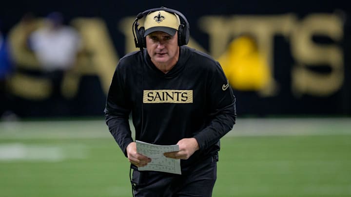 Nov 17, 2024; New Orleans, Louisiana, USA; New Orleans Saints interim head coach Darren Rizzi walks the sideline during the first quarter against the Cleveland Browns at Caesars Superdome. Mandatory Credit: Matthew Hinton-Imagn Images