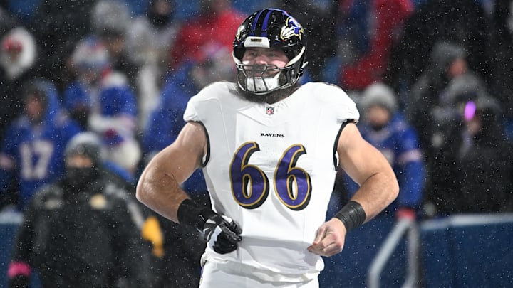 Jan 19, 2025; Orchard Park, New York, USA; Baltimore Ravens guard Ben Cleveland (66) looks on during warm ups before the game against the Buffalo Bills in a 2025 AFC divisional round game at Highmark Stadium. Mandatory Credit: Mark Konezny-Imagn Images