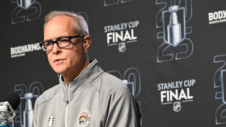 Jun 3, 2025; Edmonton, Alberta, CAN; Florida Panthers head coach Paul Maurice is seen taking questions during media day in advance of the 2025 Stanley Cup Final at Rogers Place. 