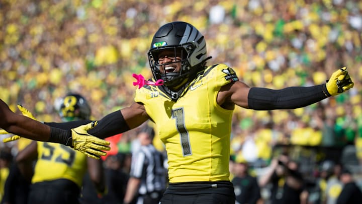 Oregon wide receiver Traeshon Holden celebrates a touchdown by Oregon wide receiver Justius Lowe as the No. 1 Oregon Ducks host the No. 21 Illinois Fighting Illini on Saturday, Oct. 26, 2024, at Autzen Stadium in Eugene, Ore.
