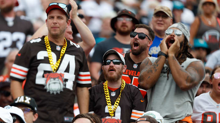 Sep 15, 2024; Jacksonville, Florida, USA; Cleveland Browns fans cheer during the game against the Jacksonville Jaguars at EverBank Stadium. Mandatory Credit: Morgan Tencza-Imagn Images