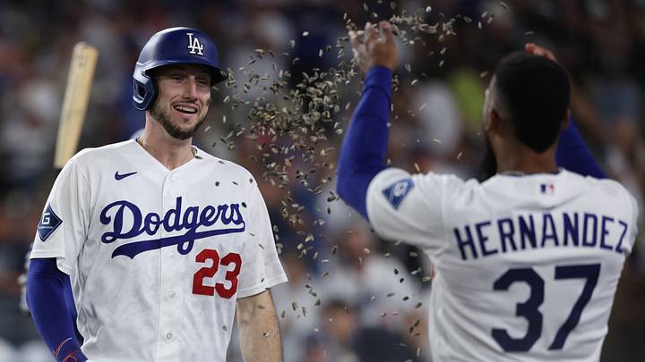 Sep 4, 2026; Los Angeles, California, USA; Los Angeles Dodgers outfielder Kyle Tucker (23) hits a home run and is greeted by outfielder Teoscar Hernandez (37) during the sixth inning against the Washington Nationals at UNIQLO Field at Dodger Stadium. Mandatory Credit: Kiyoshi Mio-Imagn Images Sep 4, 2026; Los Angeles, California, USA; Los Angeles Dodgers outfielder Kyle Tucker (23) hits a home run and is greeted by outfielder Teoscar Hernandez (37) during the sixth inning against the Washington Nationals at UNIQLO Field at Dodger Stadium. Mandatory Credit: Kiyoshi Mio-Imagn Images