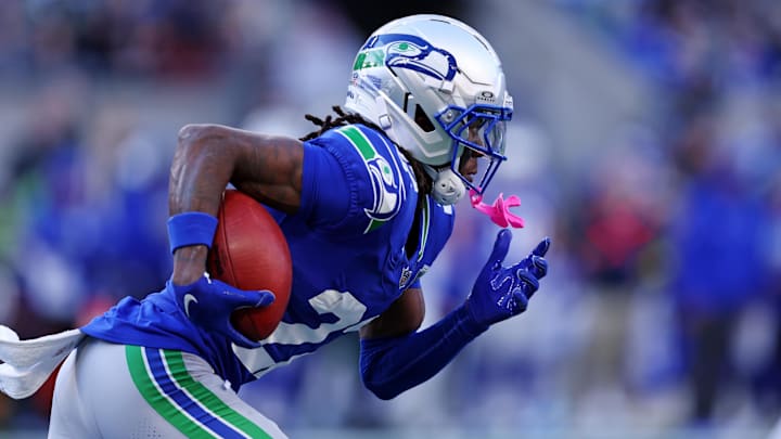Nov 30, 2025; Seattle, Washington, USA; Seattle Seahawks wide receiver Rashid Shaheed (22) runs the ball during the second half against the Minnesota Vikings at Lumen Field. Mandatory Credit: Kevin Ng-Imagn Images