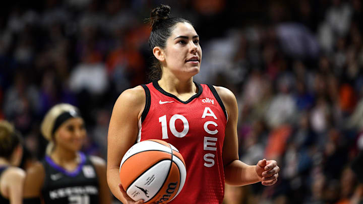 Las Vegas Aces guard Kelsey Plum (10) looks on during a WNBA, Basketball game between the Las Vegas Aces and the Connecticut Sun. Las Vegas Aces guard Kelsey Plum (10) looks on during a WNBA, Basketball game between the Las Vegas Aces and the Connecticut Sun.