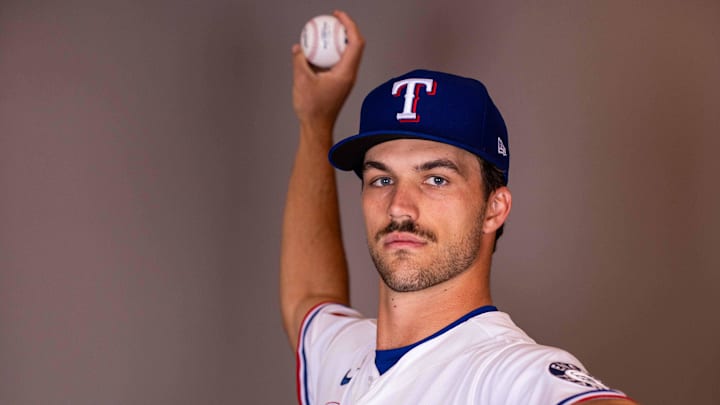 Feb 17, 2026; Surprise, AZ, USA; Texas Rangers pitcher Carter Baumler during media day at Surprise Sports Complex. Mandatory Credit: Arianna Grainey-Imagn Images Feb 17, 2026; Surprise, AZ, USA; Texas Rangers pitcher Carter Baumler during media day at Surprise Sports Complex. Mandatory Credit: Arianna Grainey-Imagn Images