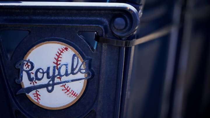 Apr 1, 2021; Kansas City, Missouri, USA; A general view of the Kansas City Royals logo on seats with complimentary flags for fans before the Opening Day game against the Texas Rangers Kauffman Stadium. Mandatory Credit: Denny Medley-Imagn Images Apr 1, 2021; Kansas City, Missouri, USA; A general view of the Kansas City Royals logo on seats with complimentary flags for fans before the Opening Day game against the Texas Rangers Kauffman Stadium. Mandatory Credit: Denny Medley-Imagn Images