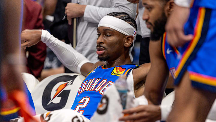 Nov 17, 2025; New Orleans, Louisiana, USA;  Oklahoma City Thunder guard Shai Gilgeous-Alexander (2) looks on against the New Orleans Pelicans during the second half at Smoothie King Center. Mandatory Credit: Stephen Lew-Imagn Images
