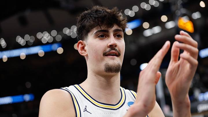 Mar 27, 2026; Chicago, IL, USA; Michigan Wolverines center Aday Mara (15) reacts after defeating the Alabama Crimson Tide in a Sweet Sixteen game of the Midwest Regional of the men's 2026 NCAA Tournament at United Center. Mandatory Credit: Kamil Krzaczynski-Imagn Images