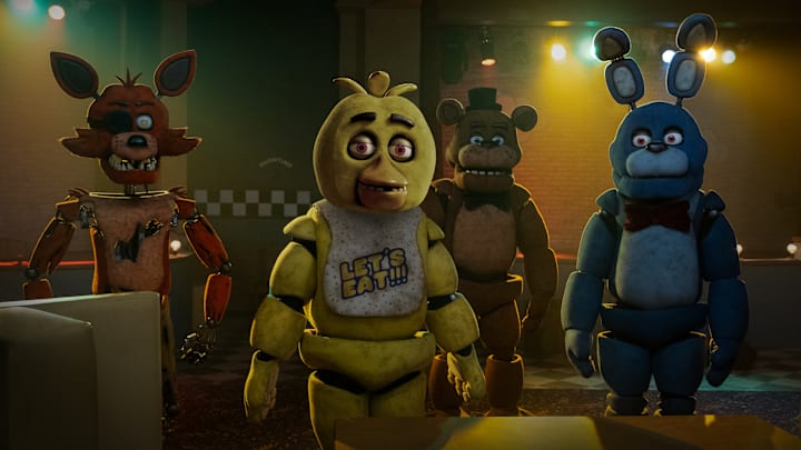 (From left) Foxy, Chica, Freddy Fazbear, and Bonnie in Five Nights at Freddy's