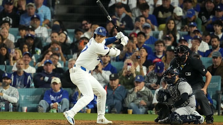Los Angeles, California, USA; Los Angeles Dodgers designated hitter Shohei Ohtani (17) bats against the New York Yankees in the seventh inning of Game 2 of the 2024 World Series at Dodger Stadium. Los Angeles, California, USA; Los Angeles Dodgers designated hitter Shohei Ohtani (17) bats against the New York Yankees in the seventh inning of Game 2 of the 2024 World Series at Dodger Stadium.