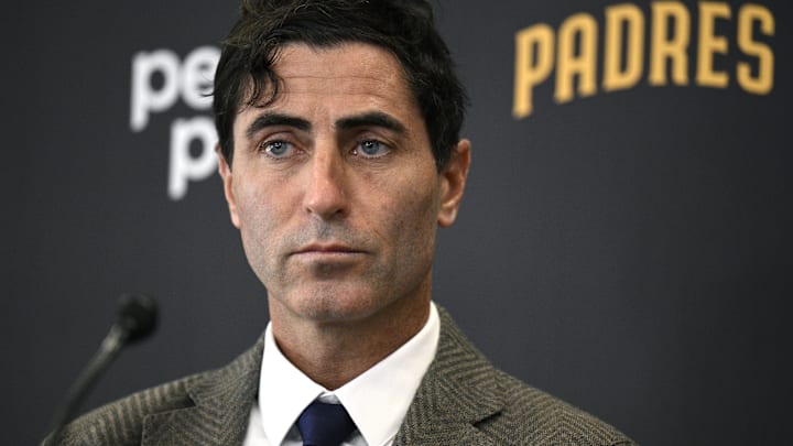 Nov 21, 2023; San Diego, CA, USA; San Diego Padres president of baseball operations and general manager A.J. Preller speaks to the media during a press conference announcing the hiring of manager Mike Shildt (not pictured) at Petco Park. Mandatory Credit: Orlando Ramirez-Imagn Images