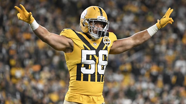 Oct 26, 2025; Pittsburgh, Pennsylvania, USA; Pittsburgh Steelers linebacker Alex Highsmith (56) celebrates a stop on third down against the Green Bay Packers during the second quarter at Acrisure Stadium. Mandatory Credit: Barry Reeger-Imagn Images