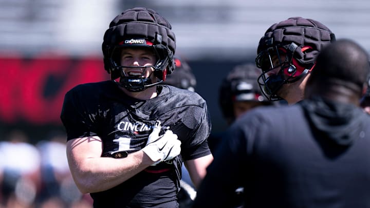 Cincinnati Bearcats linebacker Jake Golday smiles during the Cincinnati Bearcats football spring practice at Nippert Stadium 