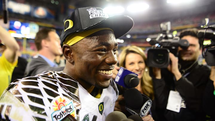 Jan. 3, 2013; Glendale, AZ, USA: Oregon Ducks running back Kenjon Barner following the game against the Kansas State Wildcats during the 2013 Fiesta Bowl at University of Phoenix Stadium. Oregon defeated Kansas State 35-17. Mandatory Credit: Mark J. Rebilas-Imagn Images Jan. 3, 2013; Glendale, AZ, USA: Oregon Ducks running back Kenjon Barner following the game against the Kansas State Wildcats during the 2013 Fiesta Bowl at University of Phoenix Stadium. Oregon defeated Kansas State 35-17. Mandatory Credit: Mark J. Rebilas-Imagn Images