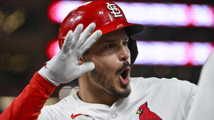 Apr 14, 2025; St. Louis, Missouri, USA; St. Louis Cardinals third baseman Nolan Arenado (28) reacts after hitting a solo home run against the Houston Astros during the seventh inning at Busch Stadium. Mandatory Credit: Jeff Curry-Imagn Images Apr 14, 2025; St. Louis, Missouri, USA; St. Louis Cardinals third baseman Nolan Arenado (28) reacts after hitting a solo home run against the Houston Astros during the seventh inning at Busch Stadium. Mandatory Credit: Jeff Curry-Imagn Images