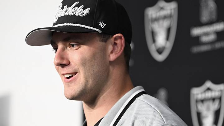Apr 26, 2024; Henderson, NV, USA; Las Vegas Raiders tight end Brock Bowers speaks to the media at Apr 26, 2024; Henderson, NV, USA; Las Vegas Raiders tight end Brock Bowers speaks to the media at