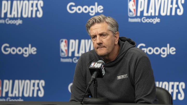 Apr 30, 2026; Minneapolis, Minnesota, USA; Minnesota Timberwolves head coach Chris Finch talks during a press conference before game six of the first round of the 2026 NBA Playoffs against the Denver Nuggets at Target Center. Mandatory Credit: Jesse Johnson-Imagn Images