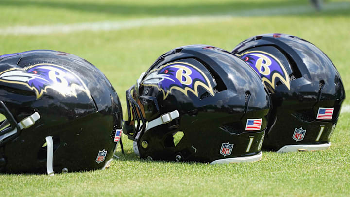 Jul 23, 2025; Owings Mills, MD, USA; Baltimore Ravens helmets await use during training camp at the Under Armour Performance Center. Mandatory Credit: Mitch Stringer-Imagn Images