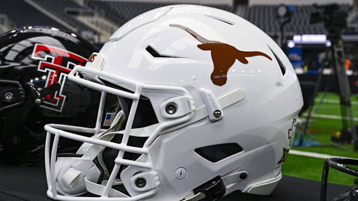 Jul 12, 2023; Arlington, TX, USA; A view of the Texas Longhorns helmet and logo during Big 12 football media day at AT&T Stadium. Mandatory Credit: Jerome Miron-Imagn Images