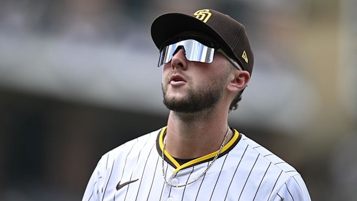 San Diego Padres center fielder Jackson Merrill (3) leaves the field during the third inning against the Cleveland Guardians at Petco Park. 