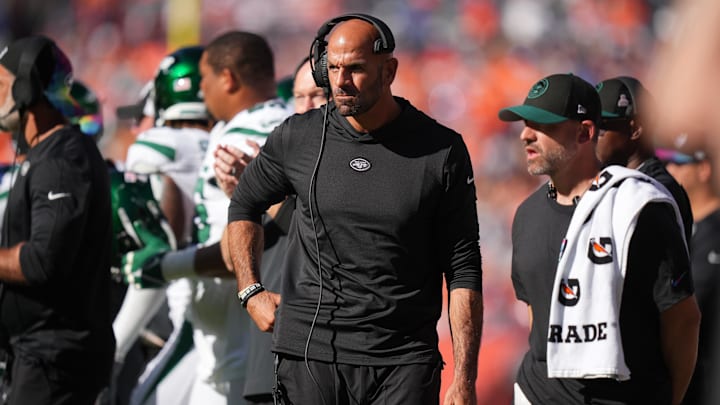 Oct 8, 2023; Denver, Colorado, USA; New York Jets head coach Robert Saleh during the second quarter against the Denver Broncos at Empower Field at Mile High. Oct 8, 2023; Denver, Colorado, USA; New York Jets head coach Robert Saleh during the second quarter against the Denver Broncos at Empower Field at Mile High.