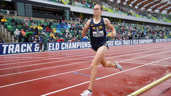 Jun 11, 2022; Eugene, OR, USA; Ceili McCabe of West Virginia places third in the women's steeplechase in 9:31.14 during the NCAA Track and Field Championships at Hayward Field. Mandatory Credit: Kirby Lee-Imagn Images