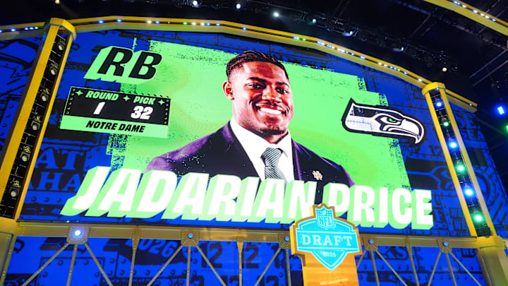 Apr 23, 2026; Pittsburgh, PA, USA; Notre Dame Fighting Irish running back Jadarian Price is selected by the Seattle Seahawks as the number 32 pick during the 2026 NFL Draft at Acrisure Stadium. Mandatory Credit: Kirby Lee-Imagn Images