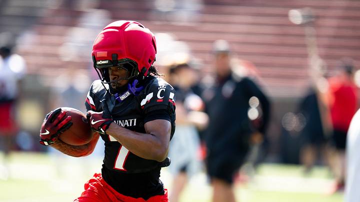 Cincinnati Bearcats safety Ty Goodwill (7) runs with the ball during a drill at UC football training camp at Nippert Stadium in Cincinnati on Wednesday, Aug. 5, 2026. Cincinnati Bearcats safety Ty Goodwill (7) runs with the ball during a drill at UC football training camp at Nippert Stadium in Cincinnati on Wednesday, Aug. 5, 2026.