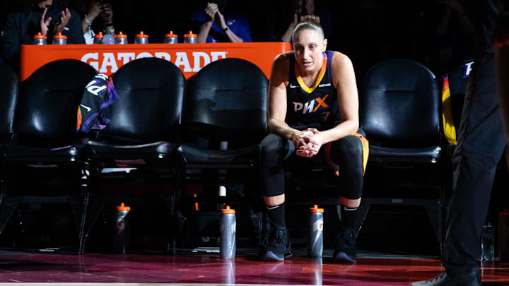 Phoenix Mercury guard sits on the bench before she is introduced ahead of Thursday's game against the Seattle Storm. 