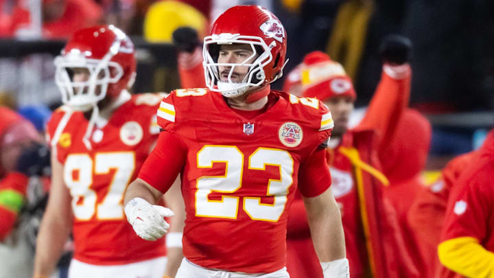 Jan 26, 2025; Kansas City, MO, USA; Kansas City Chiefs linebacker Drue Tranquill (23) against the Buffalo Bills in the AFC Championship game at GEHA Field at Arrowhead Stadium. Mandatory Credit: Mark J. Rebilas-Imagn Images