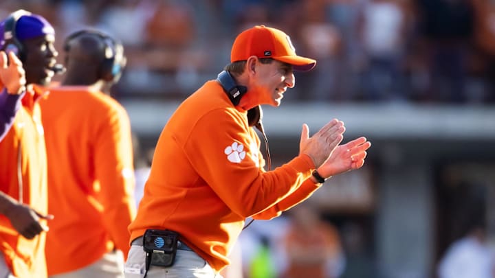Dec 21, 2024; Austin, Texas, USA; Clemson Tigers head coach Dabo Swinney reacts against the Texas Longhorns during the CFP National playoff first round at Darrell K Royal-Texas Memorial Stadium.