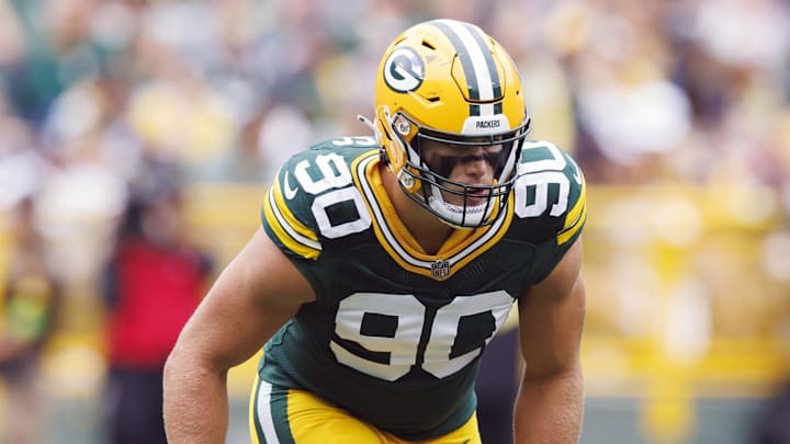 Aug 26, 2023; Green Bay, Wisconsin, USA;  Green Bay Packers linebacker Lukas Van Ness (90) during the game against the Seattle Seahawks at Lambeau Field. Mandatory Credit: Jeff Hanisch-Imagn Images
