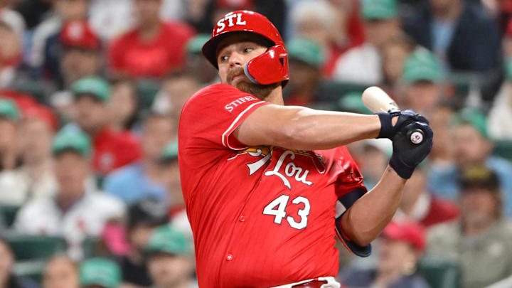 Apr 10, 2026; St. Louis, Missouri, USA; St. Louis Cardinals catcher Pedro Pages (43) at bat against the Boston Red Sox at Busch Stadium. Mandatory Credit: Tim Vizer-Imagn Images