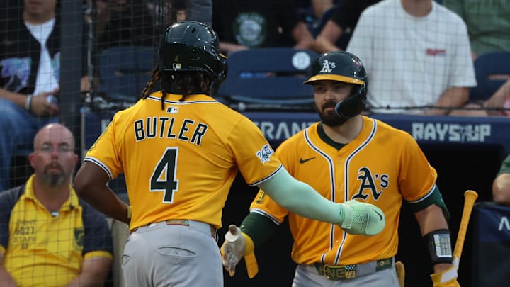 Athletics outfielder Lawrence Butler (4) tripled in the ninth inning to break a tie, beating the Tampa Bay Rays 6-4.