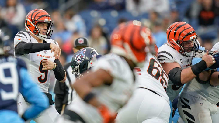 Cincinnati Bengals quarterback Joe Burrow (9) passes against the Titans during the second quarter at Nissan Stadium in Nashville, Tenn., Sunday, Dec. 15, 2024.
