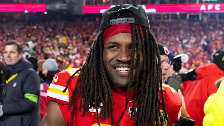 Jan 26, 2025; Kansas City, MO, USA; Kansas City Chiefs linebacker Nick Bolton (32) celebrates after defeating the Buffalo Bills in the AFC Championship game at GEHA Field at Arrowhead Stadium. Mandatory Credit: Mark J. Rebilas-Imagn Images Jan 26, 2025; Kansas City, MO, USA; Kansas City Chiefs linebacker Nick Bolton (32) celebrates after defeating the Buffalo Bills in the AFC Championship game at GEHA Field at Arrowhead Stadium. Mandatory Credit: Mark J. Rebilas-Imagn Images