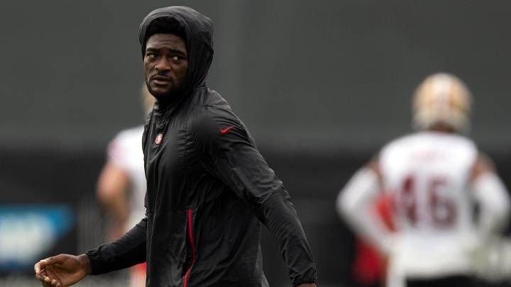 Jul 24, 2025; Santa Clara, CA, USA; San Francisco 49ers wide receiver Brandon Aiyuk works out with his teammates during the second day of training camp. Mandatory Credit: D. Ross Cameron-Imagn Images