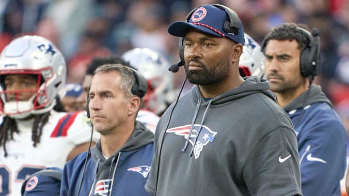 Oct 20, 2024; London, United Kingdom; New England Patriots coach Jerod Mayo in the game against the Jacksonville Jaguarsduring an NFL International Series game at Wembley Stadium. Mandatory Credit: Peter van den Berg-Imagn Images