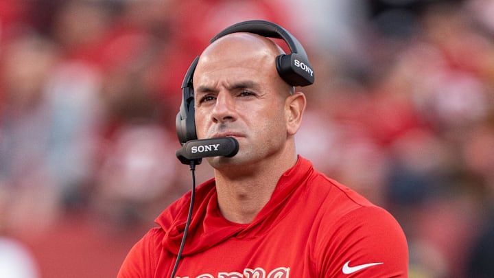 August 23, 2025; Santa Clara, California, USA; San Francisco 49ers defensive coordinator Robert Saleh before the game against the Los Angeles Chargers at Levi's Stadium. Mandatory Credit: Kyle Terada-Imagn Images August 23, 2025; Santa Clara, California, USA; San Francisco 49ers defensive coordinator Robert Saleh before the game against the Los Angeles Chargers at Levi's Stadium. Mandatory Credit: Kyle Terada-Imagn Images