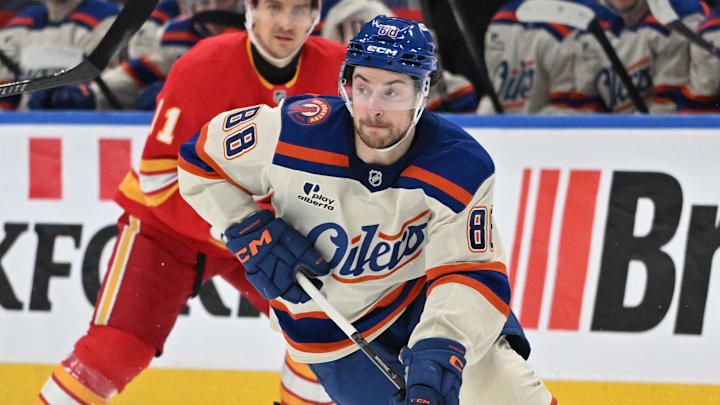 Dec 23, 2025; Edmonton, Alberta, CAN; Edmonton Oilers left winger Andrew Mangiapane (88) is seen out on the ice as the Edmonton Oilers take on the Calgary Flames during the third period at Rogers Place. Mandatory Credit: Walter Tychnowicz-Imagn Images