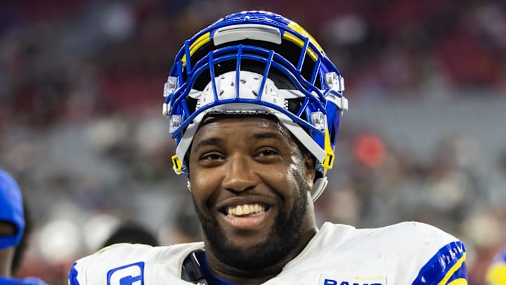 Dec 7, 2025; Glendale, Arizona, USA; Los Angeles Rams  defensive end Kobie Turner (91) against the Arizona Cardinals at State Farm Stadium. Mandatory Credit: Mark J. Rebilas-Imagn Images