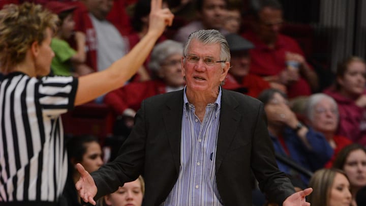 February 24, 2013; Stanford, CA, USA; Oregon Ducks head coach Paul Westhead reacts at an official against the Stanford Cardinal during the first half at Maples Pavilion. Mandatory Credit: Kyle Terada-Imagn Images