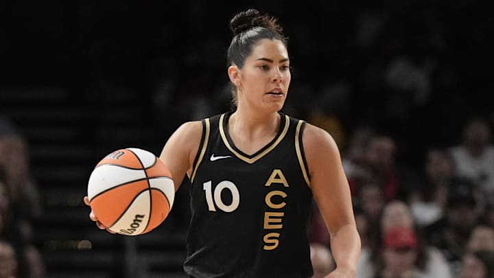 Sep 24, 2023; Las Vegas, Nevada, USA; Las Vegas Aces guard Kelsey Plum (10) dribbles downcourt during the second half of game one of the 2023 WNBA Playoffs at Michelob Ultra Arena. Mandatory Credit: Kirby Lee-Imagn Images