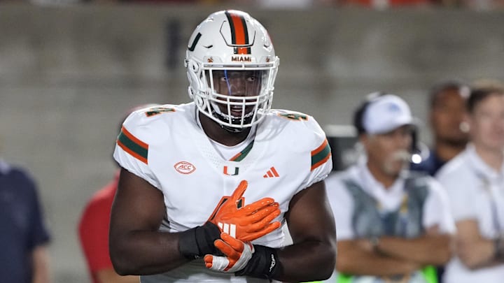 Oct 5, 2024; Berkeley, California, USA; Miami Hurricanes defensive lineman Rueben Bain Jr. (4) during the first quarter against the California Golden Bears at California Memorial Stadium. Mandatory Credit: Darren Yamashita-Imagn Images