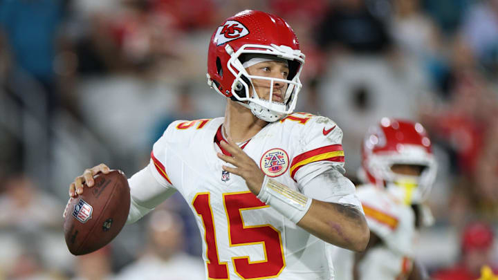 Oct 6, 2025; Jacksonville, Florida, USA; Kansas City Chiefs quarterback Patrick Mahomes (15) throws during the first half against the Jacksonville Jaguars at EverBank Stadium. Mandatory Credit: Nathan Ray Seebeck-Imagn Images Oct 6, 2025; Jacksonville, Florida, USA; Kansas City Chiefs quarterback Patrick Mahomes (15) throws during the first half against the Jacksonville Jaguars at EverBank Stadium. Mandatory Credit: Nathan Ray Seebeck-Imagn Images