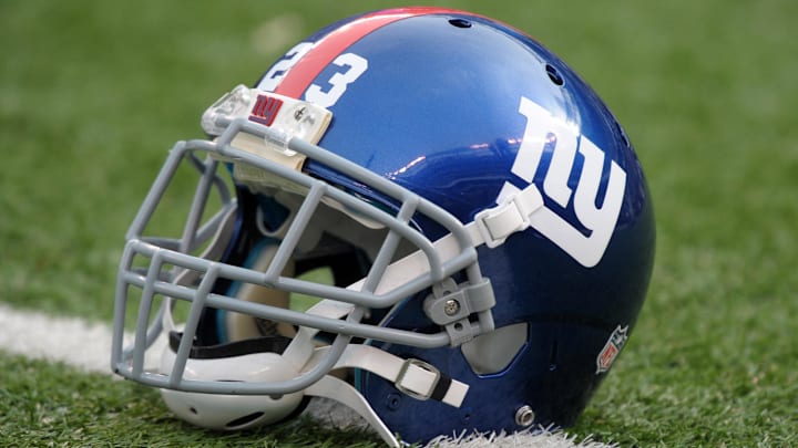 Jan 8, 2012; East Rutherford, NY, USA; General view of the New York Giants helmet of cornerback Corey Webster (not pictured) during the NFC Wild Card Playoff game against the Atlanta Falcons at MetLife Stadium. Jan 8, 2012; East Rutherford, NY, USA; General view of the New York Giants helmet of cornerback Corey Webster (not pictured) during the NFC Wild Card Playoff game against the Atlanta Falcons at MetLife Stadium.