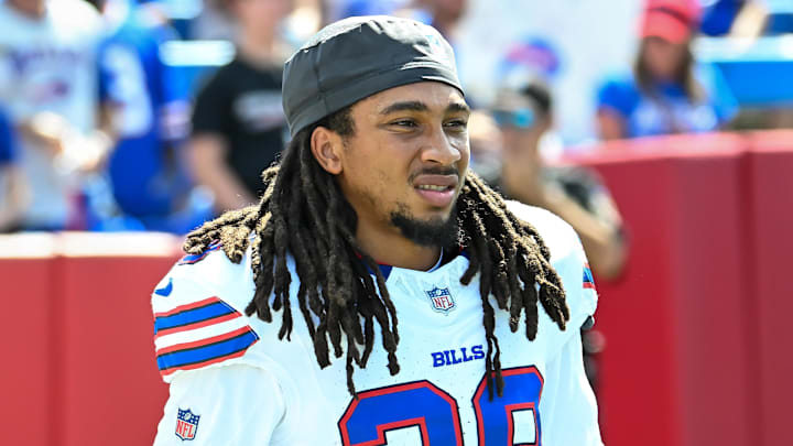Aug 24, 2024; Orchard Park, New York, USA; Buffalo Bills cornerback Keni-H Lovely (38) warms up before a pre-season game against the Carolina Panthers at Highmark Stadium. Mandatory Credit: Mark Konezny-Imagn Images