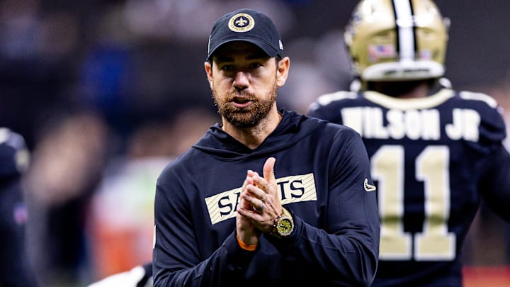 Sep 8, 2024; New Orleans, Louisiana, USA;  New Orleans Saints offensive coordinator Klint Kubiak reacts against the Carolina Panthers during the pregame at Caesars Superdome.