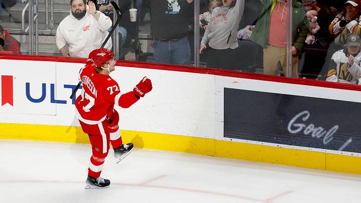 Mar 4, 2026; Detroit, Michigan, USA; Detroit Red Wings defenseman Simon Edvinsson (77) celebrates after scoring in the first period against the Vegas Golden Knights at Little Caesars Arena. Mandatory Credit: Rick Osentoski-Imagn Images Mar 4, 2026; Detroit, Michigan, USA; Detroit Red Wings defenseman Simon Edvinsson (77) celebrates after scoring in the first period against the Vegas Golden Knights at Little Caesars Arena. Mandatory Credit: Rick Osentoski-Imagn Images