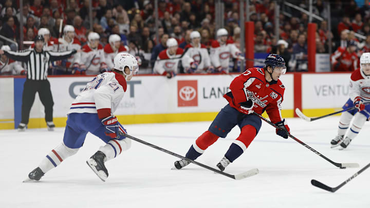Jan 10, 2025; Washington, District of Columbia, USA; Washington Capitals center Dylan Strome (17) skates with the puck as Montreal Canadiens defenseman Kaiden Guhle (21) defends in the third period at Capital One Arena. Mandatory Credit: Geoff Burke-Imagn Images Jan 10, 2025; Washington, District of Columbia, USA; Washington Capitals center Dylan Strome (17) skates with the puck as Montreal Canadiens defenseman Kaiden Guhle (21) defends in the third period at Capital One Arena. Mandatory Credit: Geoff Burke-Imagn Images